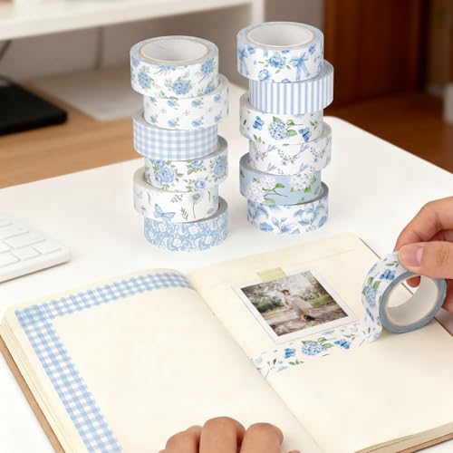 12 Rolls Watercolor Floral Washi Tape Set 15 mm Vintage Flower Decorative Masking Tape for Summer School Arts DIY Craft Scrapbook Journal Supplies Gifts(Blue,Rose) - color: Blue, style: Rose