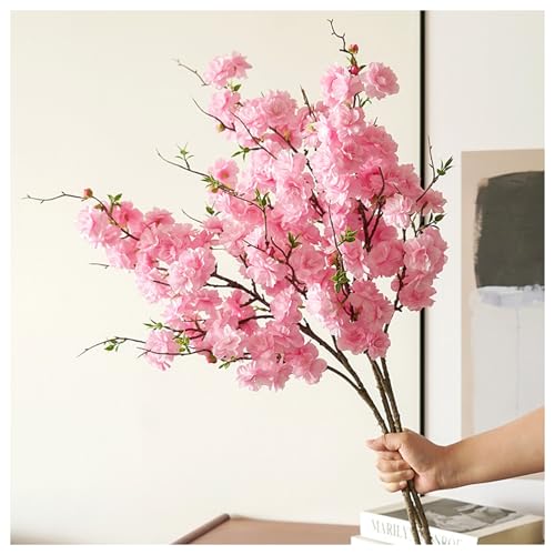 3Pcs Pink Artificial Cherry Blossom Branches - Silk Faux Peach Flowers Stems with Leaves Fake Plants Bouquet for Vase Home Wedding Outdoor Spring Garden Decoration (Pink) - color: Pink