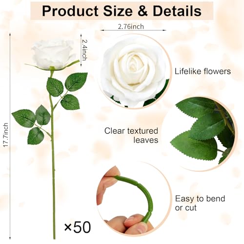 Ouddy Decor 50 Pcs Fake Roses Artificial Flowers Bulk Real Touch Velvet Silk Flowers with Long Stems for Wedding Bridal Bouquet DIY Table Centerpiece Mothers Day Valentines Gifts Home Decor, White - color: White, size: 50 Packs