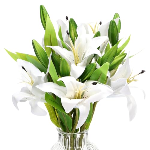 PATIKIL Artificial Flowers - 3PCS White Lily Silk Faux Flowers in Vase for Home Decor Centerpiece, Table Decorations, Dining Room - color: White