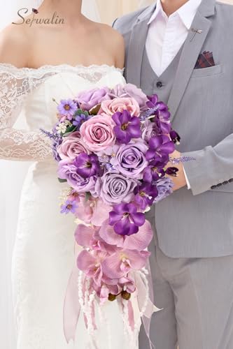 Serwalin 11 Inch Wedding Bouquets for Bride Bridesmaid, Purple Bridal Bouquets for Bride, Artificial Bouquets of Flowers for Wedding Ceremony Bridal Shower and Anniversary Day Decor - color: Royal Violet
