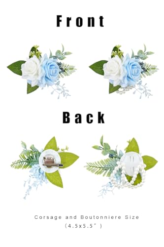 Light Blue Corsage and Boutonniere Set for Wedding Prom, Artificial Rose Flower Wrist Corsage Bracelets, Homecoming Corsage Wristlet, Boutonniere for Men Wedding Suit Decorations - color: Light Blue