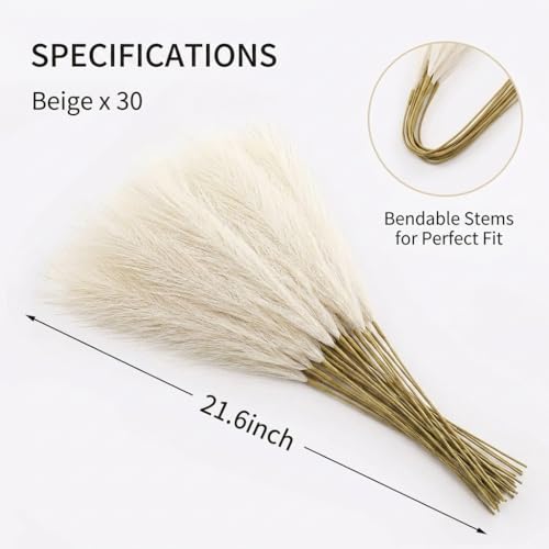 30PCS Artificial Pampas Grass Decor, 21.7" Small Faux Pampas Grass No Shedding Allergy Free, Fluffy Boho Silk Flowers for Vase Filler, Home Living Room Wedding Table Centerpieces, Beige - size: Begie