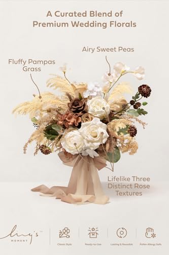 Ling's moment Boho Wedding Bouquets for Bride, Earth Brown & Tawny Beige Bridal Bouquets for Bride, 13 Inch Free Form Artificial Wedding Flower Bouquet for Rustic Wedding Ceremony Anniversary - color: Brn- Earth Brown & Tawny Beige, size: Small 13 Inch