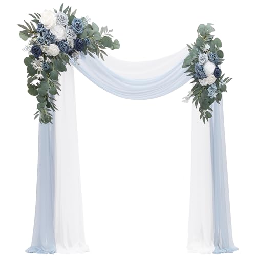 Floroom Arch Flowers with Drapes Kit (Pack of 4) - 2pcs Artificial Dusty Blue & Navy Blue Floral Swag Arrangement with 2pcs Draping Fabric for Wedding Ceremony Arbor and Reception Backdrop Decoration - color: Dusty Blue & Navy Blue
