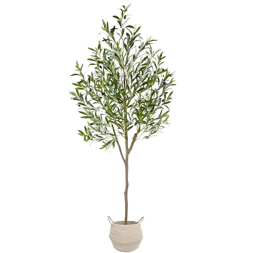 Warmplants Artificial Olive Tree, 6ft Tall Fake Olive Leaves Plant with Basket, Indoor Outdoor Faux Olive Topiary Silk Tree for Home Livingroom Office Décor - size: 6ft