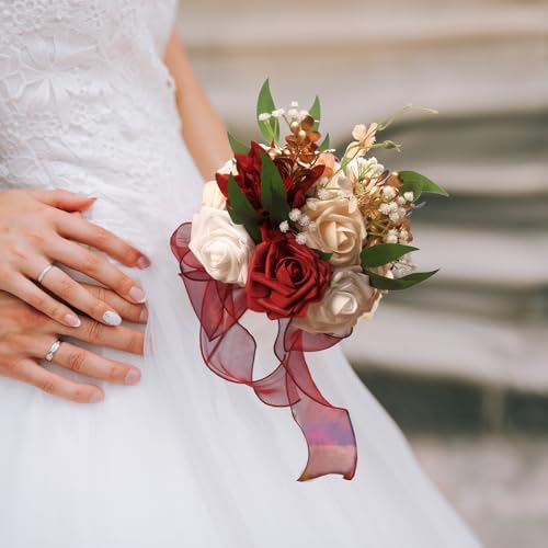 LEIFENY Wedding Bouquets for Bride, Burgundy & White Bridal Bridesmaid Flower with Silk Ribbon, Artificial Toss Rose for Civil Ceremony - color: Burgundy & White