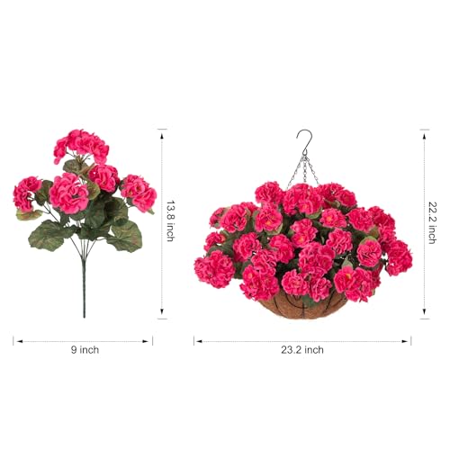 INSPRING Geraniums Artificial Flowers Hanging Basket for Outdoors Outside Spring Decoration, 8 Bundles Silk Flowers Fake Plants Look Real UV Resistant for Porch Home Patio Balcony Yard, Hotpink - color: Hotpink