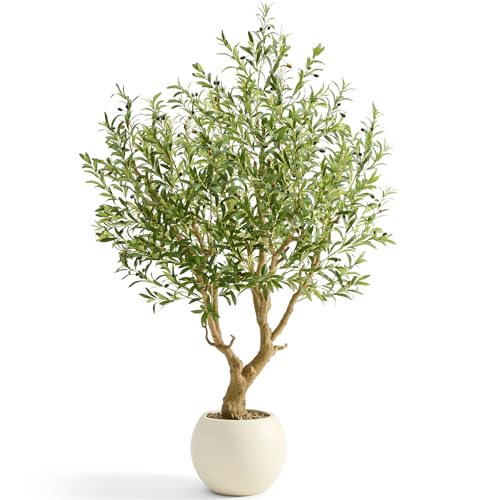 7.5 FT Large Luxury Artificial Olive Tree, Tall Faux Olive Tree with White Pot, Extra Lush Stereoscopic Shape, 5 Minutes Easy Set-up, Realistic Trunks and Lifelike Leaves & Fruits, Home Office Décor - color: Green-90in Olive, size: 7ft 6in