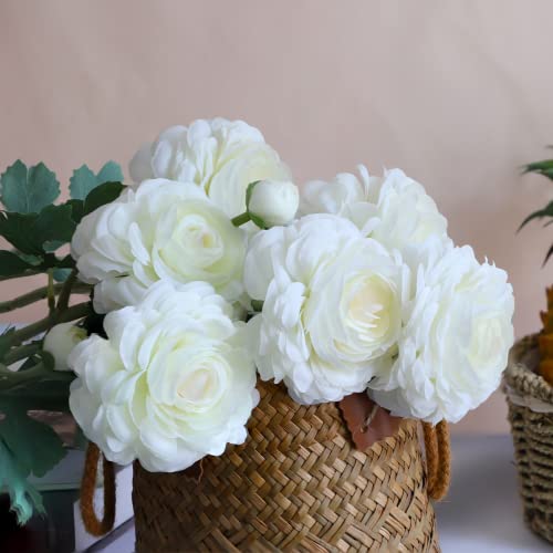 Artificial Ranunculus Long Stem Buttercup Silk Flowers 6pcs for Home Decor and Wedding Decorations(White 1) - color: White 1