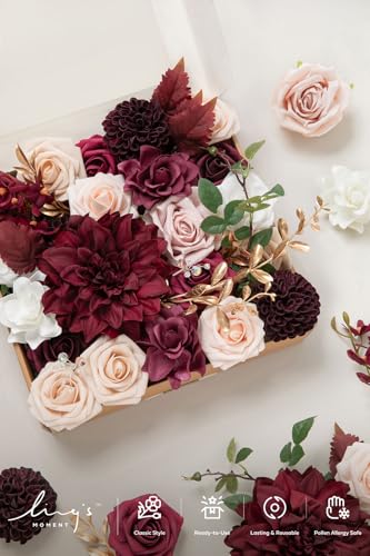 Ling's moment Fake Flowers Box, Faux Artificial Greenery Stems Foam Roses Gardenia Silk Dahlia Fabic Flower for Centerpieces Bouquet Wedding Vase Decorations, Marsala & Soft Peach, Grand Combo - color: Red-marsala & Soft Peach, size: Grand