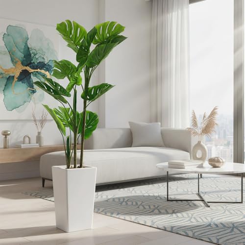 Artificial Monstera Plant, 4.5FT Tall Faux Tropical Palm Tree with 14'' White Tall Planter, Indoor Floor Plants for Living Room Home Office Decor - size: 4ft 6in