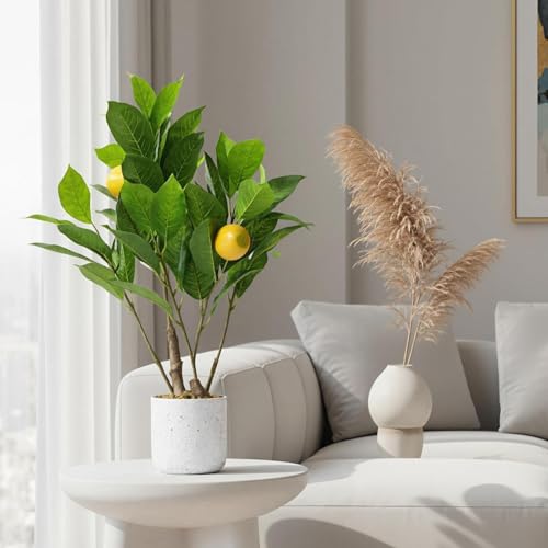 2Pcs 19.7" Artificial Lemon Trees with White Pot, Faux Small Citrus Fake Plants with Vivid Leaves and Realistic Lemons for Indoor Home Office Shelf Decor, Home Accent Gift - size: 4 x 4 x 15.8 inches