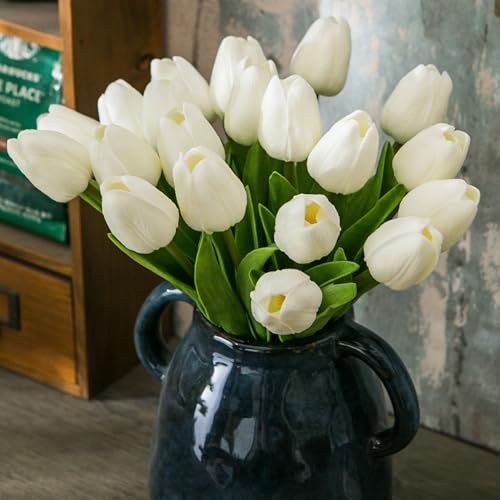 Tanvecle 20pcs White Artificial Tulip Flowers, Silk Fake Flowers 13" for Mother's Day, Easter, Valentine’s Day Gifts in Bulk, Home, Kitchen, Wedding Decorations - color: White