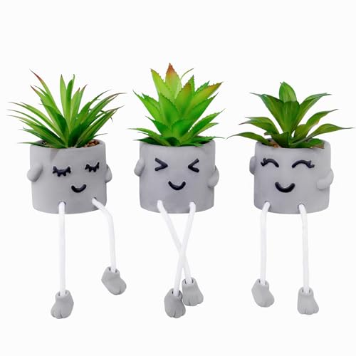 Creative Artificial Succulent Plants with Gray Pots Mini Potted Succulents Cute Fake Plants Succulents with Hanging Leg & Emotional Cement for Home Office Desk Decor and Gift Choice - color: 3set-smile
