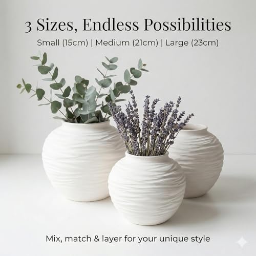 White Ceramic Vase for Home Decor - Rustic Farmhouse Flower Vase, Hand-Carved Spiral Texture, Decorative Round Pottery Vase for Shelf, Table, Nightstand, Centerpiece (Matte White) - Small