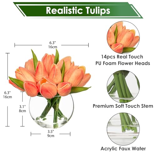 DILATATA Artificial Peach Tulips in Vase with Faux Water 6" Real Touch Flowers Fake Tulips Small Flowers Arrangement in Round Glass Vase for Mother's Day Table Centerpiece Wedding Home Decor - color: Round Vase/Peach/1 Set