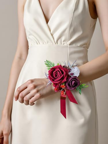 Corsage and Boutonniere Set with Burgundy Roses for Bride, Groom, Bridesmaids Groomsmen Weddings, Proms, Homecomings. Perfect Party Suit Decor Wedding Flowers Accessories (Burgundy) - color: Burgundy