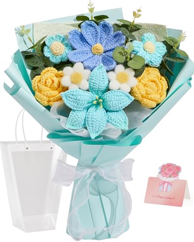 Alecono Crochet Flower Bouquet, Blue and Yellow Handmade Knitted Flowers, Crochet Tulips Galsang Flower for Lover Anniversary Birthday Mother's Day Graduation Gifts (with Card) - color: Light Blue, Yellow, size: Large