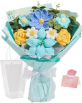 Alecono Crochet Flower Bouquet, Blue and Yellow Handmade Knitted Flowers, Crochet Tulips Galsang Flower for Lover Anniversary Birthday Mother's Day Graduation Gifts (with Card) - color: Light Blue, Yellow, size: Large