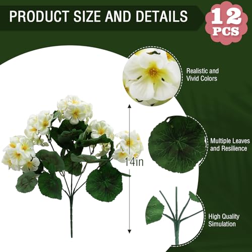 Hananona 12 Pcs Artificial Geranium Flowers for Outdoors Geranium Silk Flowers Outdoor UV Resistant Garden Plants Faux Flowers for Home Kitchen Table Centerpieces Decor (12, Snow White) - color: Snow White