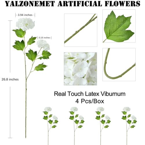 YalzoneMet 4 Pcs 26.8'' Viburnum Artificial Flower Snowball Lifelike Long Stem Real Touch White Small Hydrangea Latex Flower for Home Christmas Decoration Table Centerpieces Floral Arrangements - color: White