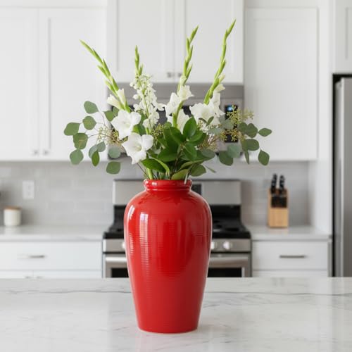 Red Ceramic Vase for Home Decor - 11 Inch Tall Modern Decorative Vase for Centerpieces, Boho Flower Vase for Pampas Grass, Christmas, Living Room, Kitchen, Fireplace, Entryway, Shelf Decor - color: Red
