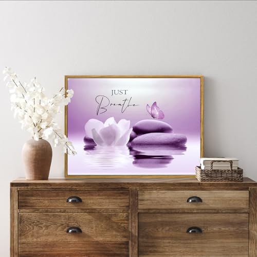 LB Modern Purple Wall Art for Bathroom Zen Spa Water Lily Flower Canvas Wall Art Wall Paintings Home Decor Nature Butterfly Wall Pictures for Living Room Bedroom Office Ready To Hang,17x12 Inch - color: Purple, size: 12"L x 17"W