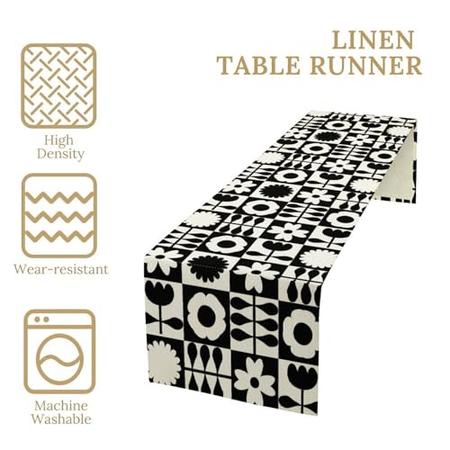 Retro Groovy Flowers Table Runner Vintage Geometric Checkered Mid Century Black Floral Dinner Runner for Country Farmhouse Kitchen Birthday Party Holiday 36X13inch - color: Checkered-10, size: L36"x W13"