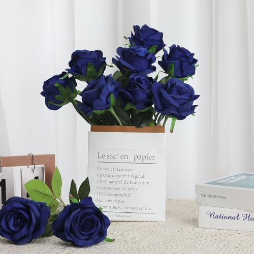 Blue Fake Roses Artificial Flowers - 10 Pcs Fake Artificial Roses Silk Flowers with Stems for Home Wedding Hotel Office Centerpiece Decor（Navy Blue） - color: Navy Blue, size: 10 Pcs