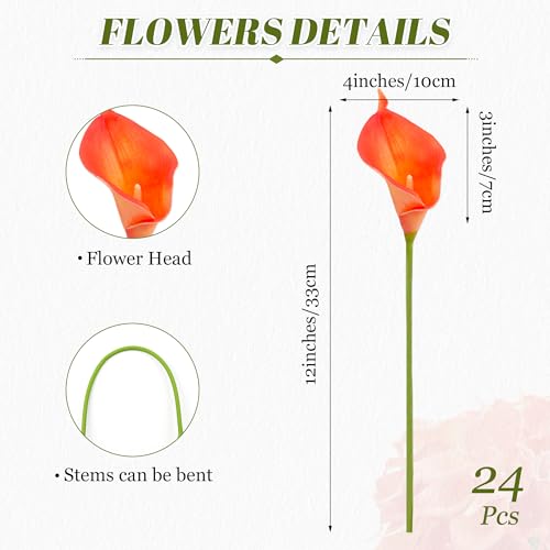 24 Pcs Artificial Calla Lily Flowers Fake Silk Flowers Real Touch for Wedding Bouquet Office Home Kitchen Decor (Coral) - color: Coral