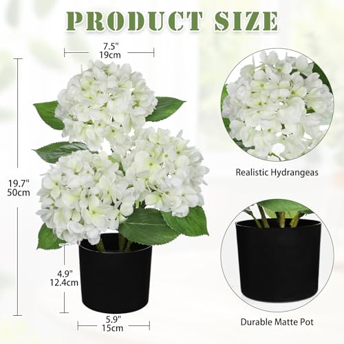Hollyone White Hydrangea Artificial Flowers in Pots 19.7" Faux Silk Hydranges Flowers Tree Arrangements for Home Bathroom Office Table Centerpiece Shelf Decorations - color: White, size: 3 Head Hydrangea