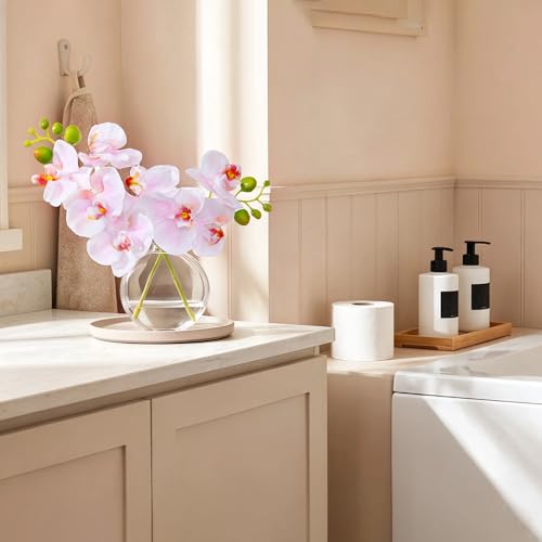 Pink Textured Coated Silk Artificial Orchid Flowers with Clear Glass Vase and Faux Water, 11" Faux Phalaenopsis Orchid Arrangement Centerpiece for Dining Table Bathroom Decor - color: A-pink
