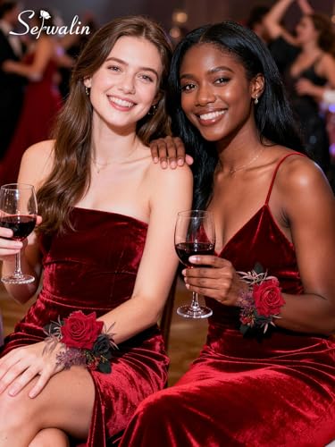 Serwalin 6Pcs Red Wrist Corsage for Wedding, Artificial Silk Rose Flower Wrist Corsage Wristlet for Prom Homecoming Party Accessories for Bride Bridesmaids, Mother of Bride and Groom - color: Red, size: Corsage 6pcs