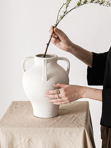 Large White Ceramic Vase - 10.8 Inch Rustic Farmhouse Vase with Handles for Home Decor, Vintage Tall Vases for Living Room, Table, Bathroom, Holiday & Weddings (Rock Sand White) - color: 10.8 Inch-rock Sand White