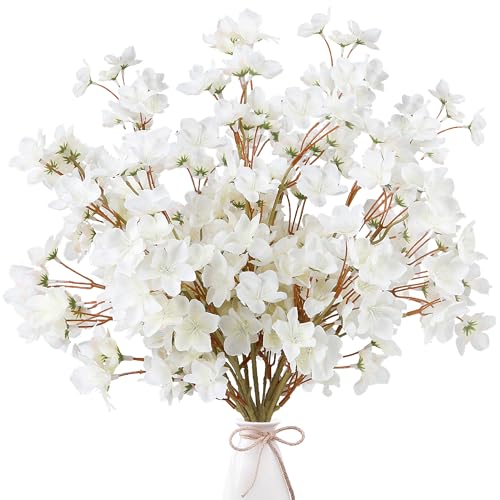 Sggvecsy Artificial Cherry Blossom Flowers 8 Pcs Faux Cherry Blossom Stems Faux Silk Cherry Blossom Branches 15.7’’ Fake Peach Flowers for Vase Arrangements Home Wedding Table Decor (White) - color: White, size: 8 Pcs