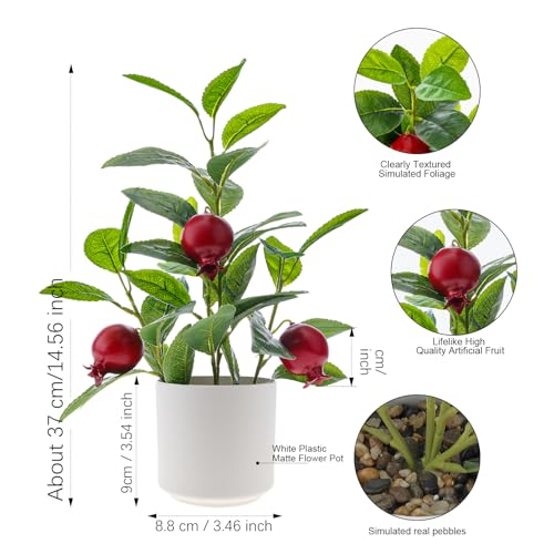 Woration Artificial Pomegranate Tree Greenery Faux Green Plant Fake Fruits Decoration Plastic Pots Realistic Leaves Indoor for Home House Office Table Garden 13.8inches - color: Artificial Pomegranate Plant Potted