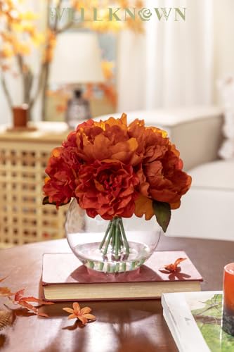 Artificial Flowers in Vase, Silk Peonies Flowers with Faux Water, Burnt Orange Fake Flower Arrangement for Summer Autumn Home Wedding Birthday Party Dining Table Centerpieces Decor & Mom's Gift - color: Burnt Orange