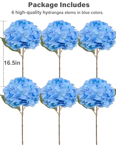 6PCS Premium Blue Silk Hydrangea Artificial Flowers Bouquets - Realistic Fake Hydrangea with Stems, Faux Flower Arrangement for Home Wedding Party Baby Shower Table Centerpieces Decoration - color: Blue Light Blue
