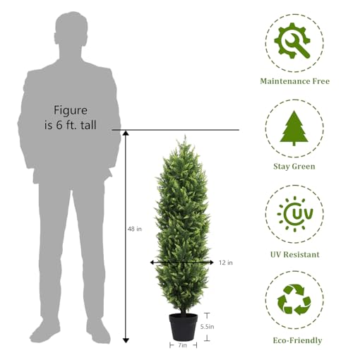 THE BLOOM TIMES 4FT Tall Artificial Cedar Topiary Trees Set of 2, UV Resistant Large Faux Cypress Evergreen Plants for Outdoor Planters, Realistic Fake Bushes & Shrubs for Front Porch Decor - color: Lush Cypress Trees, size: 4 Foot