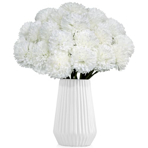 36 Pcs White Artificial Flowers Faux Ball Chrysanthemum Bouquet Silk Flowers Bridal Wedding Bouquet for Home Garden Party Office Coffee House Decoration (White) - color: White