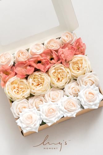 Ling's moment Artificial Flowers Fake Silk Poppy Peony Faux Foam Roses Combo for DIY Wedding Bouquets Centerpieces Arrangements Bridal Shower Party Home Decorations, Coral & Cream, 24pcs - color: Pk-coral & Cream
