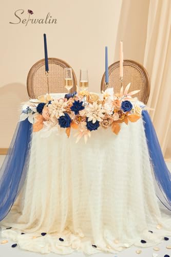 Serwalin Artificial Khaki Brown & Blue Flowers, Silk Fake Flowers for DIY Wedding Bouquets Cake Flower,Table Centerpieces Baby Shower Birthday Party Home Decorations - color: Khaki Brown & Blue, size: Grand