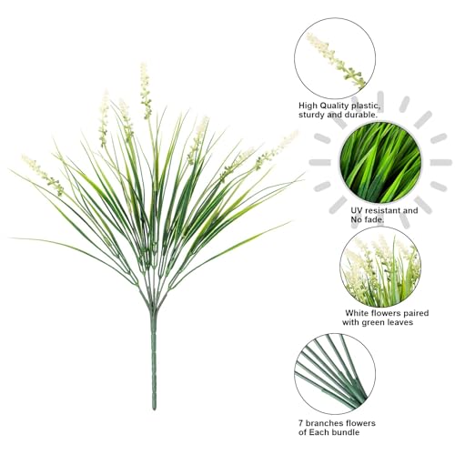 Artificial Fake Outdoor Plants Flowers for Summer Decoration,10 Bundles Faux Plastic Tall Monkey Grass Greenery UV Resistant Realistic for Home Outside Planter Window Porch Patio Garden-White - color: White