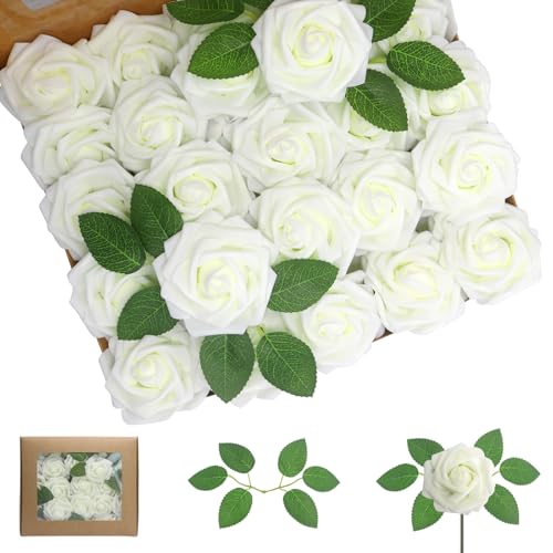 100PCS Ivory Realistic Roses - Artificial Latex Foam Flowers with Bendable Stems & 24PCS Leaves for Wedding, Home and Party DIY Decor - color: Ivory, size: 100
