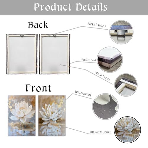KPLUNDO Zen Wall Art 2 Piece White Lotus Blooming Painting Artwork White Gold Lotus Flower Poster Artwork for Bedroom Living Room Bathroom Yoga Spa Room Decor(Artwork-3,24"x36"x2pcs) - color: Artwork-3, size: 24"x36"x2pcs