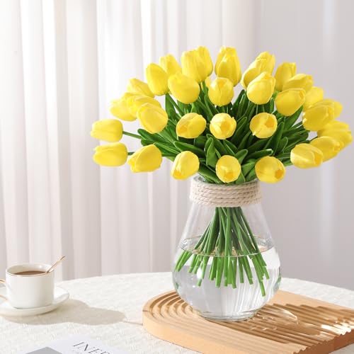30 Pcs Artificial Tulips PU Faux Flowers, Yellow Real Touch Fake Tulips for Valentine's Day Spring Easter Home Kitchen Wedding Decorations and New Year Decor - color: Yellow