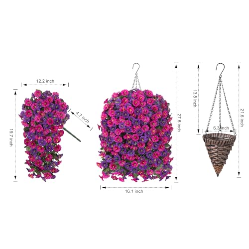Artificial Fake Hanging Flowers in Basket for Outdoor Indoor Decoration,UV Resistant Faux Silk Dark Purple and Fuchsia Morning Glory Plants Realistic Hanging Planter for Outside Home Porch Yard - color: Fuchsia+dark Purple Morning Glory