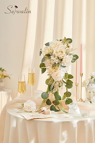 Serwalin 9.8in Wedding Bouquets for Bride, Boho Champagne Roses & Dahlia Flowers for Wedding Decoration - color: Boho Champagne