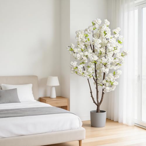 Faux White Cherry Blossoms Tree 6FT Flowering Tree Artificial Cherry Blossom Tree for Bedroom Home Christmas New Year Decor - color: White-ap23